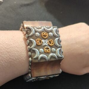 Antika Collection Silver Tone Brown Wooden Studded Chunky Bangle Bracelet
